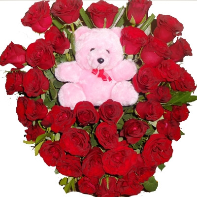 Gift Combo Of 40 Red Roses In Heart Shape Arrangement And A 6 Inch Teddy Bear