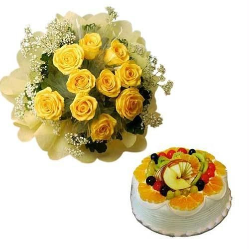 Combo Of 12 Yellow Roses And 1 Pound Fresh Fruit Cake