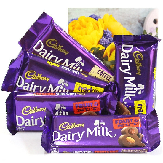 5 Dairy milk (fruit n nut , clackle) of 38gms each  with greeting card