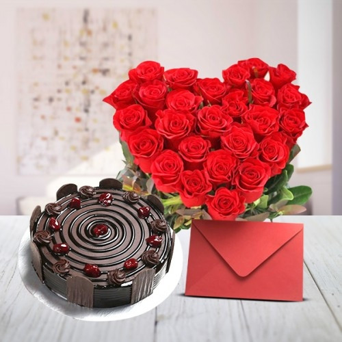 Buy gift hamper of HeartShaped Arrangement of 30 Red Roses with Greeting Card 