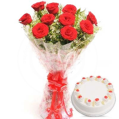 Combo Of 10 Red Roses With Half Kg Pineapple Cake