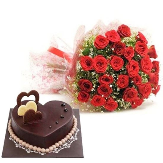 Combo Of 25 Red Roses Bunch And 1Kg Heartshape Chocolate Truffle Cake