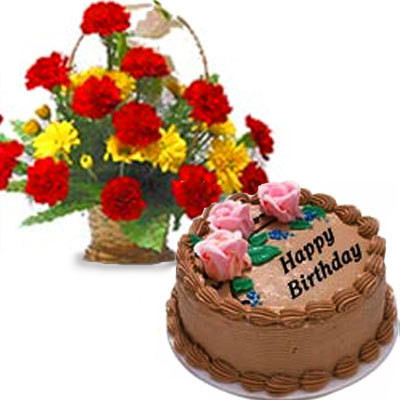 Birthday Treat - Basket Of Red And Yellow Carnations With Half Kg Chocolate Cake