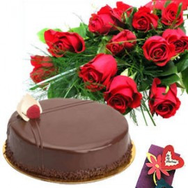 Order combo of Bunch of 12 Roses and 1/2 kg chocolate cake. Elegance of Red Roses and sweetness of Chocolate cake with your message 