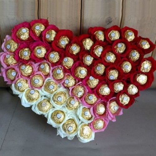 Heartshape Arrangement Of 50 Mix Roses And 50 Pcs Ferrero Chocolate