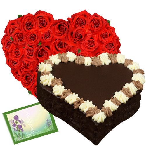 Buy combo of 50 Red Roses Heart Shaped arrangement and Chocolate Heartshape Cake 1 kg with Card with your message