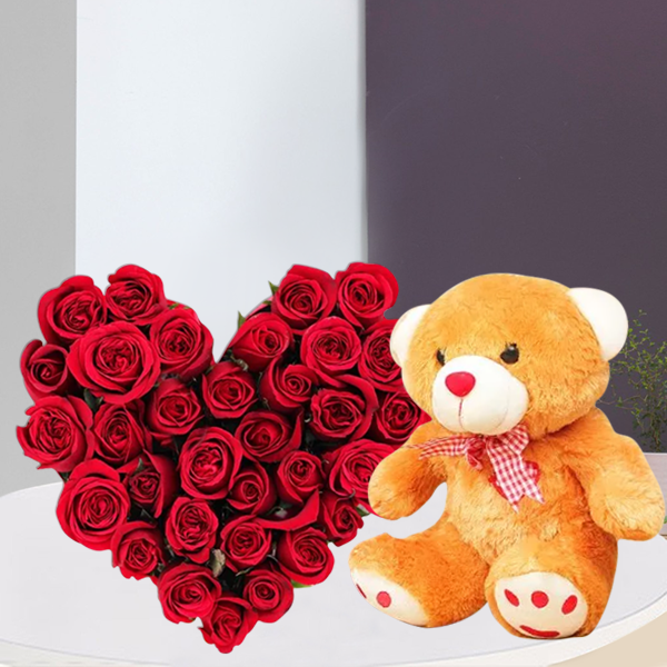 Gift Hamper Of 35 Red Roses In Heartshape Arrangement And 1 Feet Cute Brown Teddy