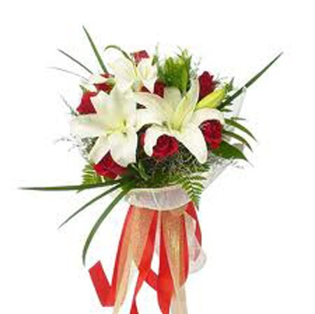 Bouquet Of 3 White Lilies With 12 Red Roses