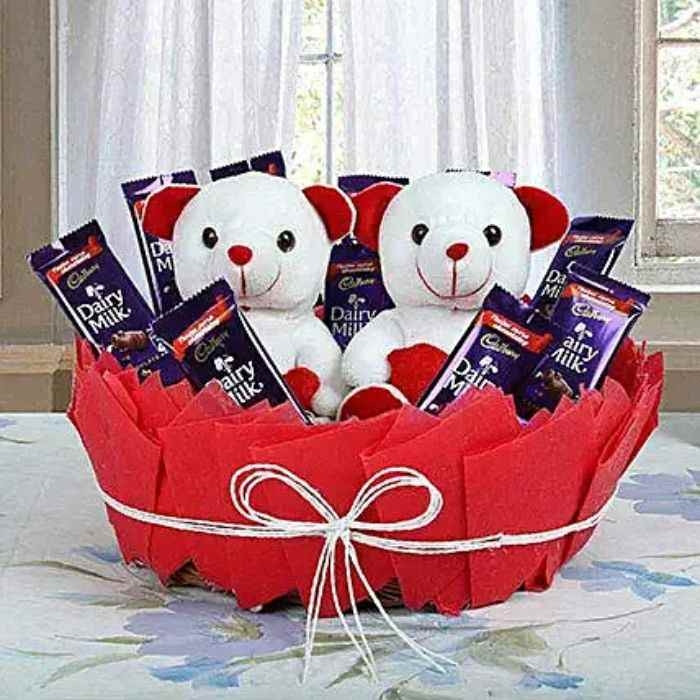 Gift Basket Of 2 Teddy With 10 Dairy Milk Chocolate