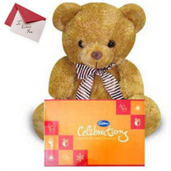 Combo Gift Of 1 Feet Brown Teddy With Celebration Chocolate And 1 Greeting Card