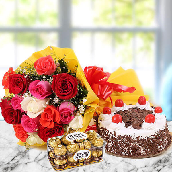 Gift Set of  12 Mix colour Roses with Half kg Black Forest Cake and 16 pcs Ferrero Rocher Chocolate