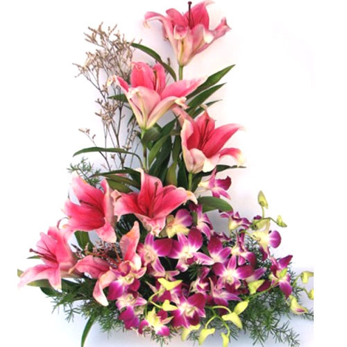 Oriental Lilies With Orchid Basket