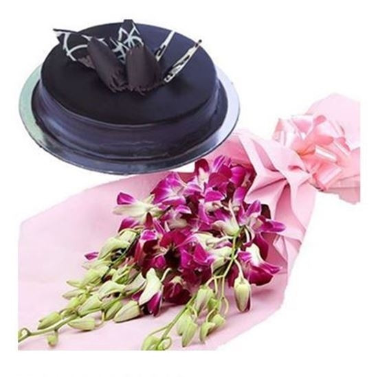 Combo Of 1 Pound Chocolate Cake With Orchids Bouquet