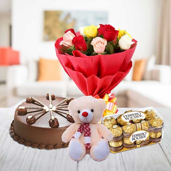 Combo Of 12 Mix Color Roses + 16Pcs Ferrero Rocher Box + 6 Inch Cute Teddy + Half Kg Chocolate Cake