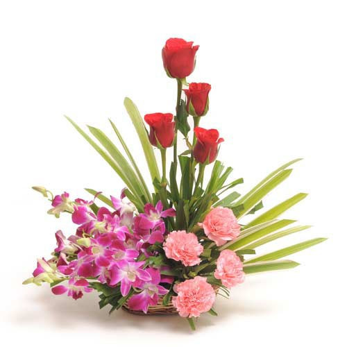 Beautiful Basket Arrangement Of Orchids With Carnations And Roses