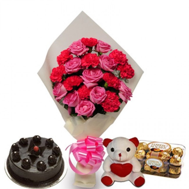 Combo Gift Of 10 Pink Roses And 10 Pink Carnations Bunch + Half Kg Chocolate Truffle Cake + 6 Inch Teddy + 16 Pcs Ferrero Rocher Chocolate