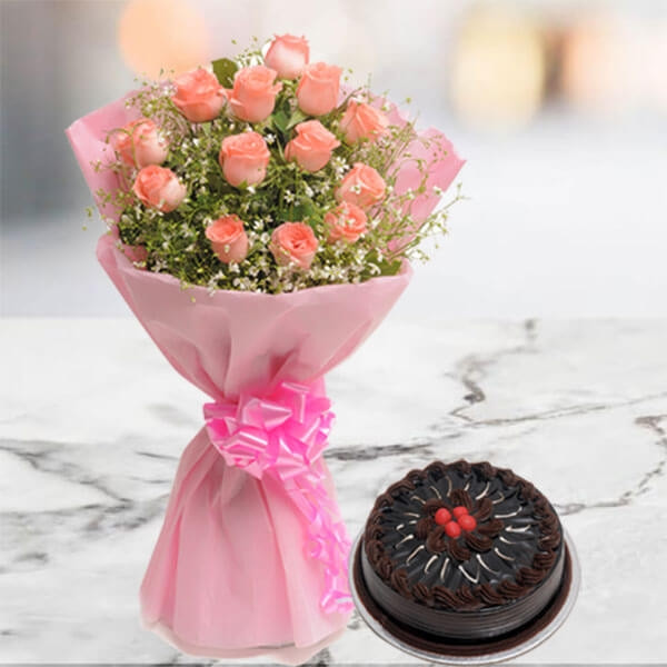 Combo Gift Of 12 Pink Roses Bunch With Half Kg Chocolate Truffle Cake