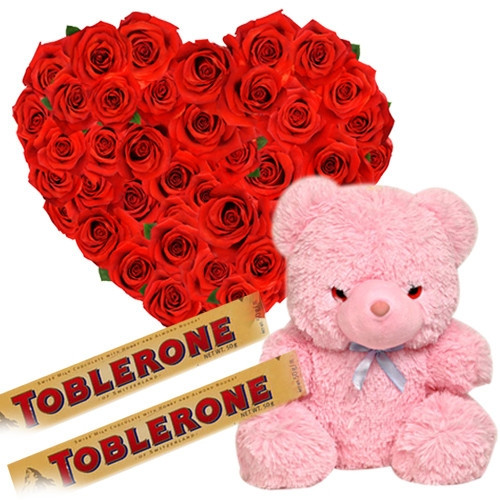 Gift Combo Of 30 Red Roses In Heart Shape Arrangement With 2 Toblerone Chocolate Bars And 1 Pink Cute Teddy