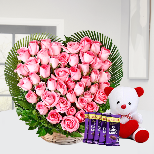 Gift Combo Of Heartshape Arrangement Of 35 Pink Roses With 5Pcs Dairy Milk Chocolate And 6Inch Cute White Teddy 