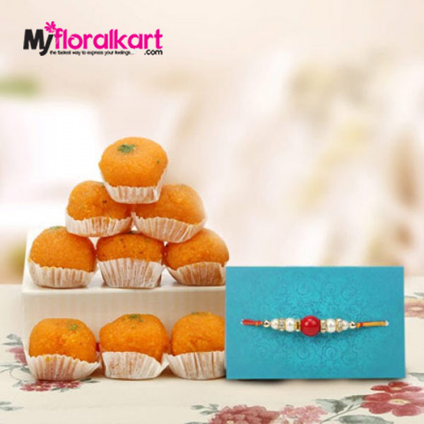 Attractive bead rakhi with delicious Motichoor laddus