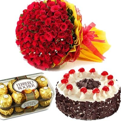 Combo Of 60 Red Roses  With Cake Chocolate, Half Kg Black Forest Cake 16 Pcs Ferrero Rocher Chocolate.