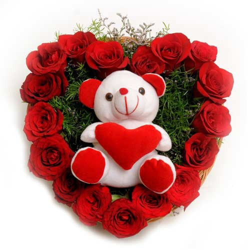 Combo Of 20 Red Roses In Heart Shape Arrangement And Soft Toy