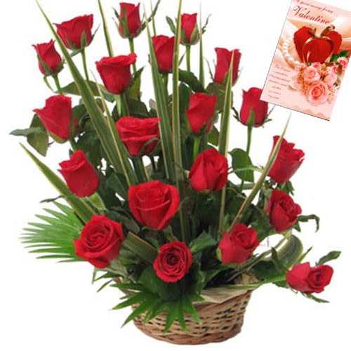 Valentine Gift Combo Of 20 Red Rose Basket And Valentine Greeting Card