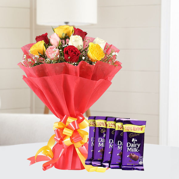 Combo Of 12 Mix Color Roses Bunch With 5Pcs Dairy Milk Chocolate