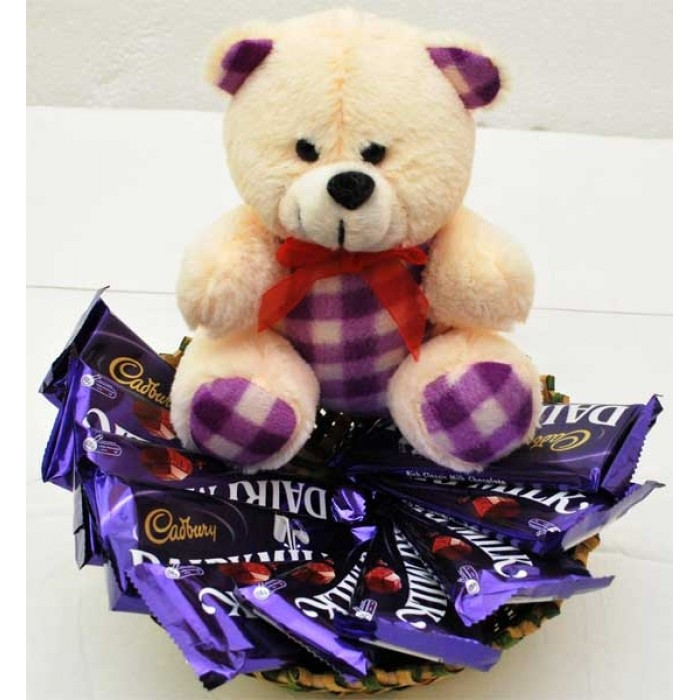 Gift Basket Arrangement Of 10 Dairy Milk Chocolate And 1 Feet Teddy 