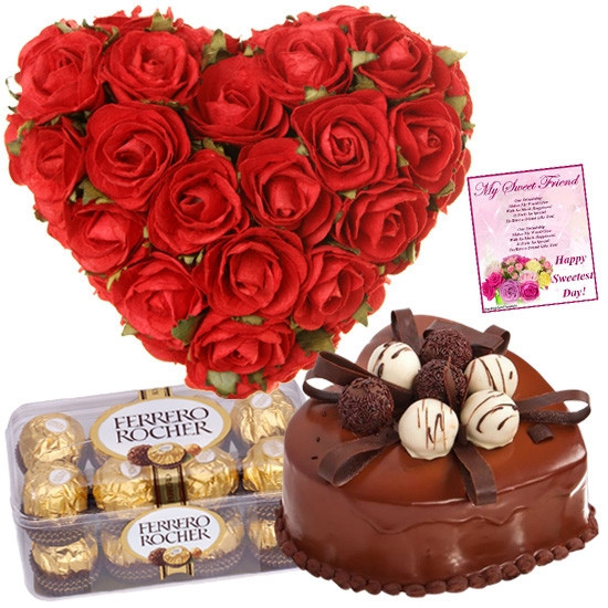 Gift Set Of Valentine Greeting, 40 Red Roses Heart Shape Arrangement, 16 Pcs Ferrero Rocher Chocolate And 1Kg Black Forest Cake