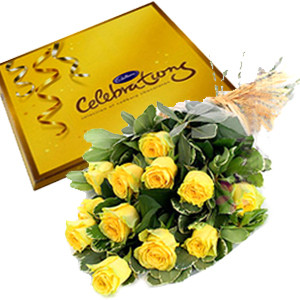 Bleshed Begining - Gift Combo Of 10 Yellow Roses Bunch With Cadbury Celebration Pack 