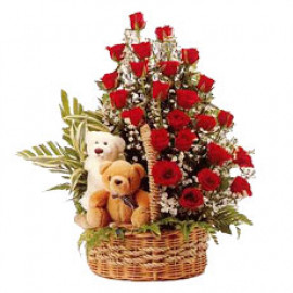 24 Roses Basket and Teddy Bears