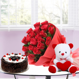 20 Red Roses half kg Black forest cake with 6inch Teddy