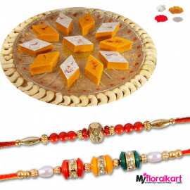 Contrasting bead rakhis with Kesar Kaju barfi