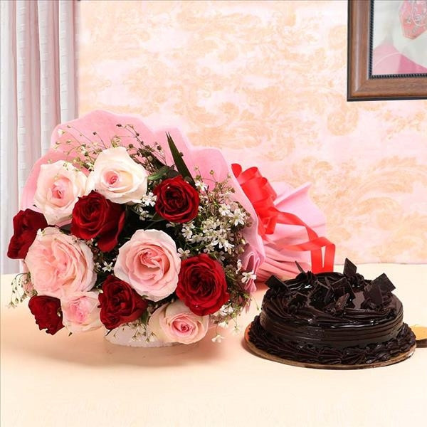 Gift combo 12 Roses Bunch with and half kg Chocolate truffle cake