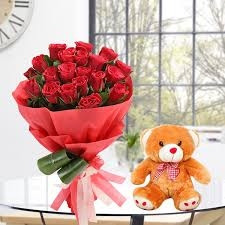 20 Red Roses with 1 feet Cute Teddy